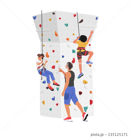 Children Characters Scale A Climbing Wall With Guidance Of Trainer. Excitement And Adventure Of Outdoor Activities Children Characters Scale A Climbing Wall With Guidance Of Trainer. Excitement And Adventure Of Outdoor Activities 135125171