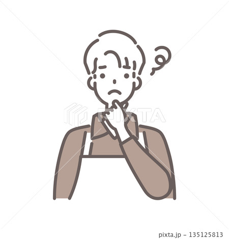 茶色のエプロンをつけた男性が悩んでいるイラスト・シンプルな線画 茶色のエプロンをつけた男性が悩んでいるイラスト・シンプルな線画 135125813