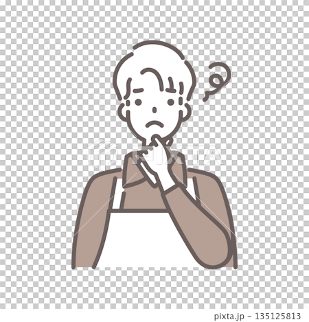 A simple line drawing of a man wearing a brown apron looking worried A simple line drawing of a man wearing a brown apron looking worried 135125813