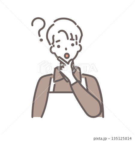 茶色のエプロンをつけた男性が疑問を浮かべているイラスト・シンプルな線画 135125814