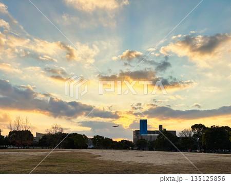 夕焼け空と光芒が広がる都市公園の風景 135125856