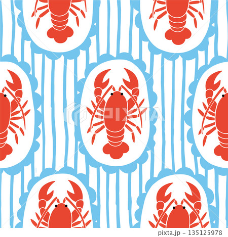 Seamless vector striped pattern. Mediterranean. Whimsical frames with lobsters 135125978
