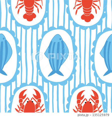 Seamless vector striped pattern. Mediterranean. Whimsical frames with lobster and fish Seamless vector striped pattern. Mediterranean. Whimsical frames with lobster and fish 135125979