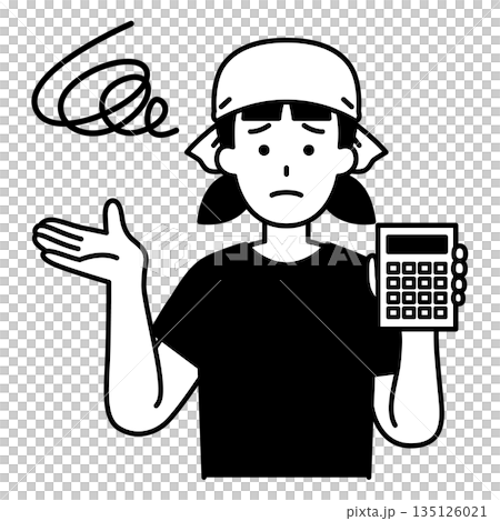 電卓を持って不満そうにする居酒屋の女性店員 135126021