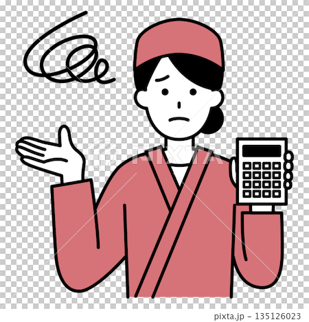 A female waitress at a Japanese restaurant holding a calculator and looking dissatisfied A female waitress at a Japanese restaurant holding a calculator and looking dissatisfied 135126023