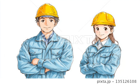 作業着にヘルメットを着用した若い男女社員 135126108