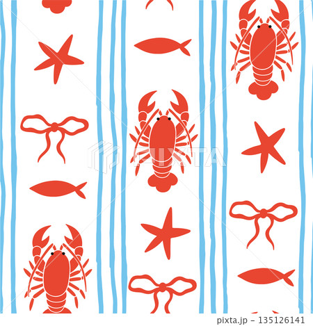 Seamless vector striped pattern. Mediterranean. Whimsical frames with lobsters Seamless vector striped pattern. Mediterranean. Whimsical frames with lobsters 135126141