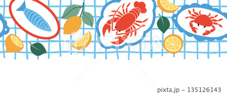 Seamless vector Mediterranean border. Whimsical frame with lobster and lemons. Seamless vector Mediterranean border. Whimsical frame with lobster and lemons. 135126143
