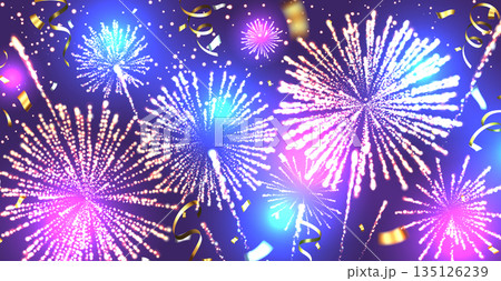 青と紫のグラデーション背景に輝く花火と紙吹雪のイラスト 135126239
