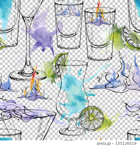 Soft cyan and lavender seamless pattern with clear alcoholic drinks, vodka tequila martini in flames, lime garnish. Watercolor splashes, ink outline hand drawn for branding, notebooks, digital prints. 135126519