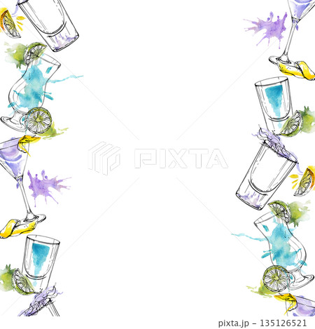 Blue Hawaii hurricane glass, Aviation violet and martini cocktail, citrus shots. Light watercolor and ink seamless double border of cyan cocktails and splashes. Hand drawn for summer campaign visuals. Blue Hawaii hurricane glass, Aviation violet and martini cocktail, citrus shots. Light watercolor and ink seamless double border of cyan cocktails and splashes. Hand drawn for summer campaign visuals. 135126521