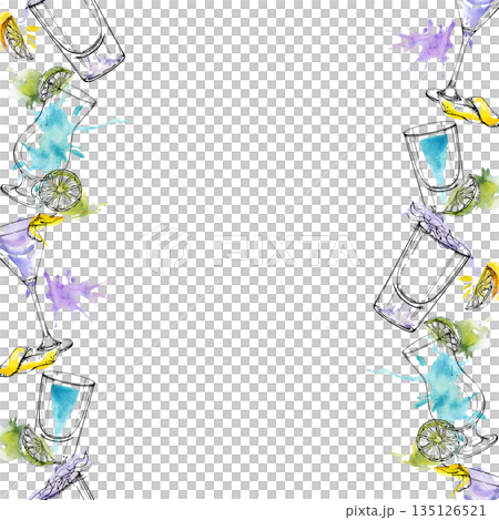 Blue Hawaii hurricane glass, Aviation violet and martini cocktail, citrus shots. Light watercolor and ink seamless double border of cyan cocktails and splashes. Hand drawn for summer campaign visuals. Blue Hawaii hurricane glass, Aviation violet and martini cocktail, citrus shots. Light watercolor and ink seamless double border of cyan cocktails and splashes. Hand drawn for summer campaign visuals. 135126521