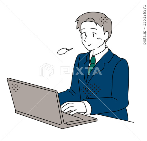 ノートパソコン作業中に安心してほっとするビジネスマンのイラスト 135126571