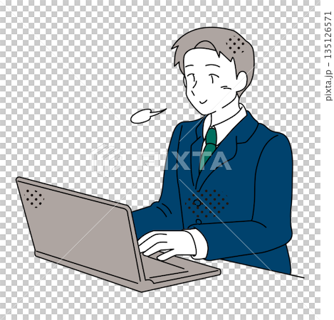 ノートパソコン作業中に安心してほっとするビジネスマンのイラスト 135126571