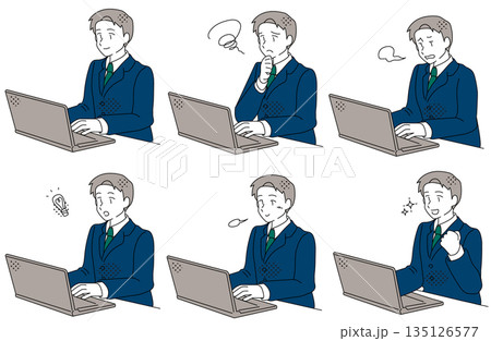 ノートパソコンで仕事をするビジネスマンの感情表情セット 135126577