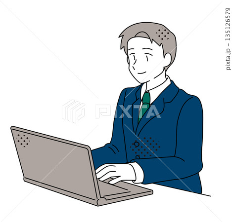 ノートパソコンで落ち着いて仕事をするビジネスマンのイラスト 135126579