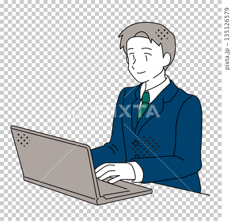 ノートパソコンで落ち着いて仕事をするビジネスマンのイラスト 135126579