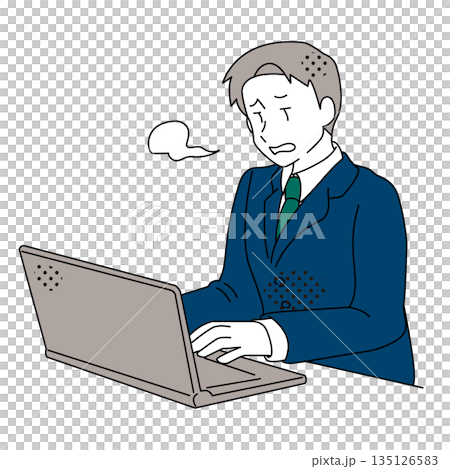 Illustration of a businessman sighing after working on a laptop Illustration of a businessman sighing after working on a laptop 135126583