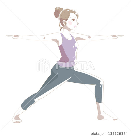 戦士のポーズ2を横向きで行う女性のヨガイラスト 135126584