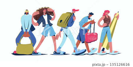 Travelling concept in cartoon web design. People with suitcase, backpack and luggage bag go in vacation, holiday trip and travel recreation. Flat vector illustration isolated on white background. Travelling concept in cartoon web design. People with suitcase, backpack and luggage bag go in vacation, holiday trip and travel recreation. Flat vector illustration isolated on white background. 135126616