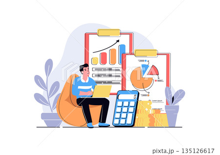 Accounting web concept with cartoon people design. Man making data research and financial audit, analyzing graphs and charts, calculating income. Flat vector illustration isolated on white background. Accounting web concept with cartoon people design. Man making data research and financial audit, analyzing graphs and charts, calculating income. Flat vector illustration isolated on white background. 135126617