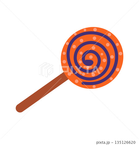 Halloween candy in flat design. Orange stripe swirl lollipop for holiday. Vector illustration isolated. 135126620