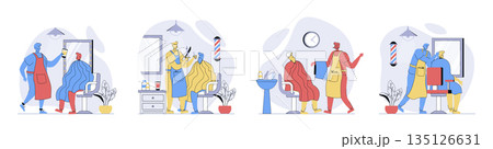 Barbershop concept set in flat design for web. Collection with people getting professional haircut, barber styling beard, hairdressers shaving mustaches, doing care procedures. Vector illustrations. 135126631
