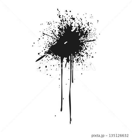 Black ink splatter in flat design. Dirty exploding paint spray with drops. Vector illustration isolated. 135126632