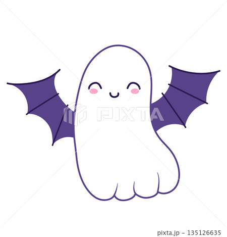 Halloween cute ghost in flat design. Funny spirit with vampire bat wings. Vector illustration isolated. 135126635