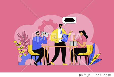 Focus group concept with modern flat design for web. Colleagues doing market research and studying buyers, discussing at meeting, doing consumer interview with product feedback. Vector illustration. 135126636