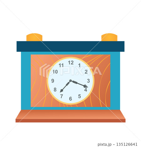 Vintage clock with alarm in flat design. Retro wooden square shape clock. Vector illustration isolated. 135126641