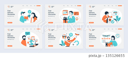 Delivery concept of landing page with slide templates set in flat design. Website headers with people get parcel from courier, ordering shipping, using food logistics service. Vector illustrations. 135126655