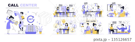 Call center concept set in flat web design. Collection with people calling in support, operators answering, make consultations, find solutions. Flat vector illustration isolated on white background. 135126657