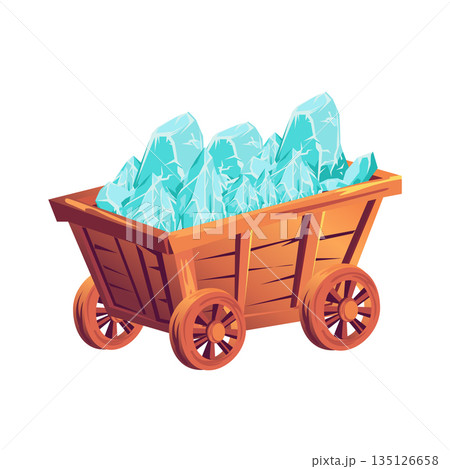 Mining cart with blue crystals in flat design. Wooden wheelbarrow with gems. Vector illustration isolated. 135126658