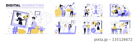 Digital marketing concept set in flat web design. Collection with people doing online advertisement, promoting business, audience communication. Flat vector illustration isolated on white background. 135126672