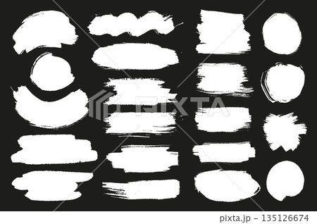 White ink stains mega set in flat graphic design. Collection elements of abstract grunge paint shapes with torn borders, messy watercolor stroke paints, rough paintbrush texture. Vector illustration. 135126674