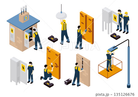 Technician electrics 3d isometric mega set in isometry graphic design. Collection elements of transformer booth, lamp repair, cables fixing, wiring, electrician service, other. Vector illustration. 135126676