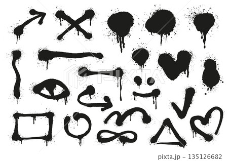 Graffiti spray lines set elements in flat graphic design. Bundle objects of grunge ink stain and drips in arrow, cross, heart, eye, square, triangle, circles and other symbols. Vector illustration. Graffiti spray lines set elements in flat graphic design. Bundle objects of grunge ink stain and drips in arrow, cross, heart, eye, square, triangle, circles and other symbols. Vector illustration. 135126682