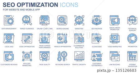 SEO optimization web icons set in duotone line design. Pack of data management, target audience, online consulting, search engine, social media, other outline stroke pictograms. Vector illustration SEO optimization web icons set in duotone line design. Pack of data management, target audience, online consulting, search engine, social media, other outline stroke pictograms. Vector illustration 135126683