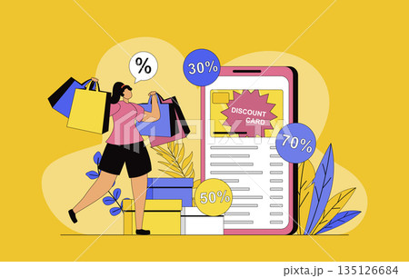 Shop loyalty program concept with modern flat design for web. Woman receiving discount card with cumulative bonuses for regular customer from store and making bargain purchases. Vector illustration. 135126684