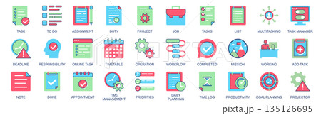 Task icon set in flat color icons web design. Pack pictograms with to do, assignment, duty, project, job, list, multitasking, deadline, responsibility, timetable, workflow, other. Vector illustration. Task icon set in flat color icons web design. Pack pictograms with to do, assignment, duty, project, job, list, multitasking, deadline, responsibility, timetable, workflow, other. Vector illustration. 135126695