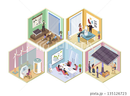 Green energy 3d isometric rooms concept in isometry graphic design for web. People using alternative sources generation with solar panels, wind turbines, meeting in conference. Vector illustration. 135126723