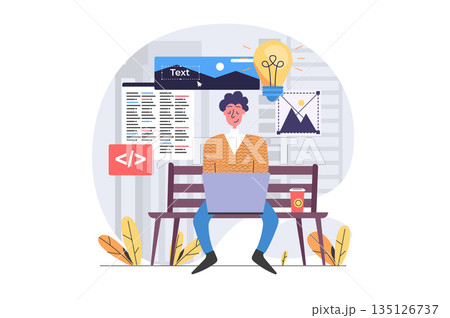 Freelance concept in modern flat design for web. Man freelancer working online and sitting at park bench, brainstorming and programming new product, developing software outdoor. Vector illustration. Freelance concept in modern flat design for web. Man freelancer working online and sitting at park bench, brainstorming and programming new product, developing software outdoor. Vector illustration. 135126737