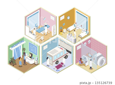 Hospital 3d isometric rooms concept in isometry graphic design for web. People registering at clinic reception, doctors work at surgery, patients at wards, MRI service cabinet. Vector illustration. Hospital 3d isometric rooms concept in isometry graphic design for web. People registering at clinic reception, doctors work at surgery, patients at wards, MRI service cabinet. Vector illustration. 135126739