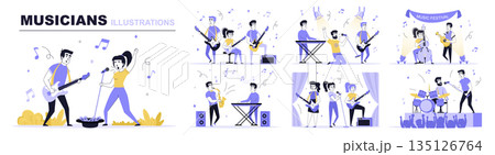 Musicians concept set in flat web design. Collection with people playing guitar, saxophone, piano, drum, violin, singing song at music festival. Flat vector illustration isolated on white background. Musicians concept set in flat web design. Collection with people playing guitar, saxophone, piano, drum, violin, singing song at music festival. Flat vector illustration isolated on white background. 135126764