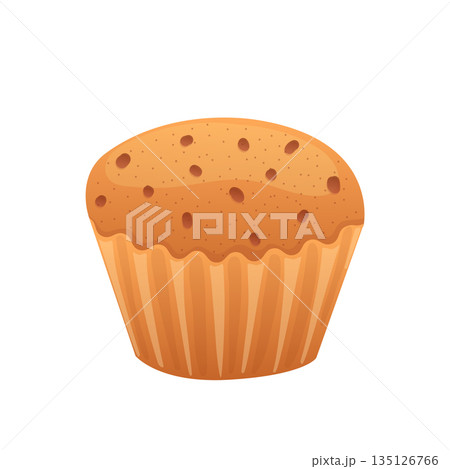 Cupcake in flat design. Sweet brown muffin in cup with chocolate chips. Vector illustration isolated. 135126766