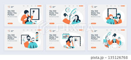 Beauty salon concept of landing page with slide templates set in flat design. Website headers with people doing haircut or hairstyle, get face cream, beard shaving in barbershop. Vector illustrations. 135126768