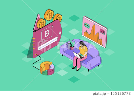 Bitcoin wallet web concept in 3d isometric graphic design. Isometry people scene with woman mining cryptocurrency, buying or selling virtual btc money, earning profit online. Vector illustration. 135126778