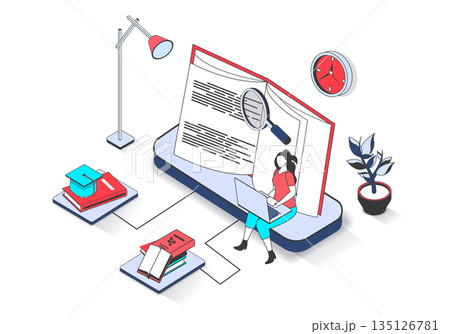 Education 3d isometric concept with isometry people design for web. Woman learning distantly using laptop, reading textbooks, making homework online and studying at university. Vector illustration. 135126781