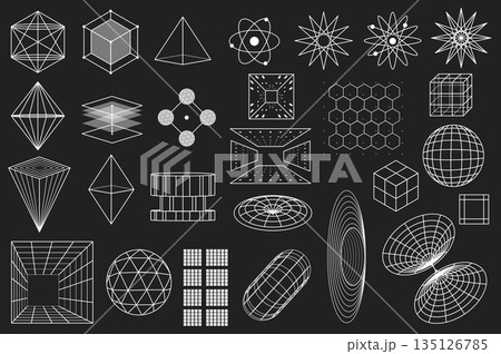 3D cyberpunk grid y2k wireframe icon mega set elements in flat graphic design. Bundle objects of futuristic geometric shape with cubes, perspective grids, tunnels, atoms, other. Vector illustration. 3D cyberpunk grid y2k wireframe icon mega set elements in flat graphic design. Bundle objects of futuristic geometric shape with cubes, perspective grids, tunnels, atoms, other. Vector illustration. 135126785